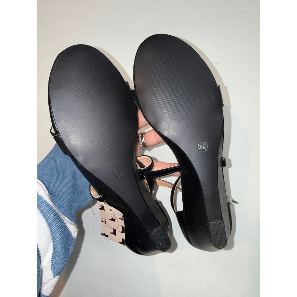 MYSOFT New Womens 8.5 Black Faux Leather Strappy Mini Wedge Sandals Box#110 - Picture 4 of 5